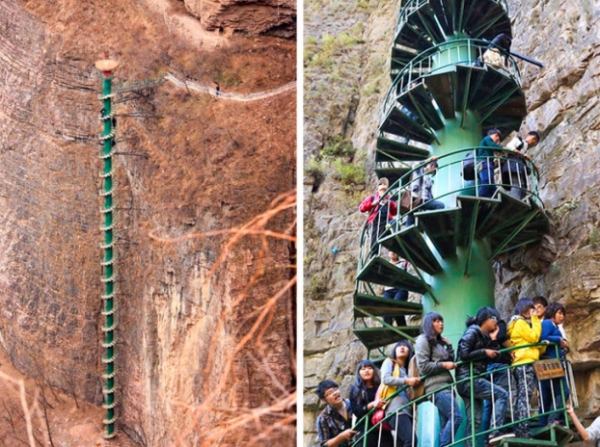   Những cầu thang này có thể được gọi là tâm-boggling. Một hình xoắn ốc đạt đến độ cao gần 300 feet dẫn đến đỉnh núi Taihang. Những người sẵn sàng leo lên đỉnh phải ký vào một giấy cam kết rằng tự chịu trách nhiệm nếu có chuyện gì xảy ra.  