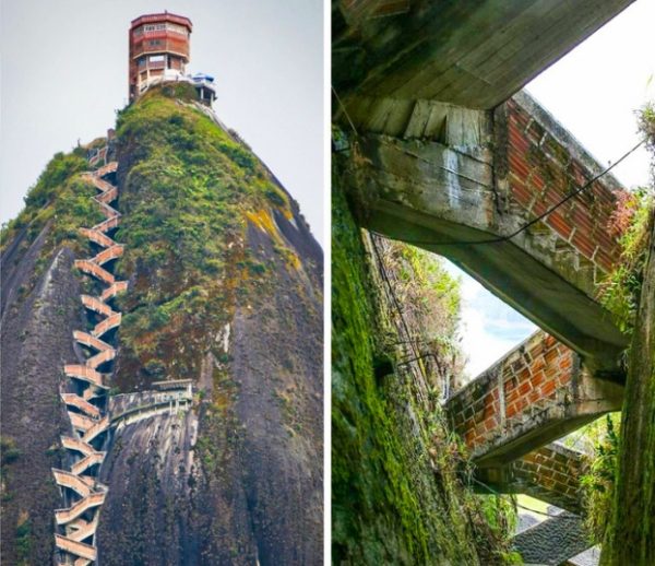   Cầu thang đá dẫ lên El Penon de Guatape ở Colombia trông hùng vĩ đến mức khó tưởng tượng. Nhìn từ xa, cầu thang mảnh và uốn lượn như sợi chỉ, nó không dành cho những người huyết áp cao.  