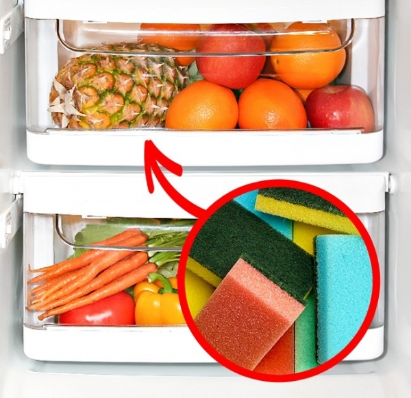   Thùng trái cây và rau trong tủ lạnh của bạn liên tục tích tụ độ ẩm dư thừa khiến đồ ăn bị hỏng nhanh hơn. Tránh điều này bằng cách đặt một miếng bọt biển món ăn mới bên trong - nó sẽ hấp thụ độ ẩm. Đừng quên giặt giũ và làm sạch nó.  
