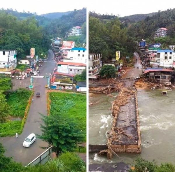   Thị trấn Cheruthony ở Ấn Độ trước và sau lũ lụt  