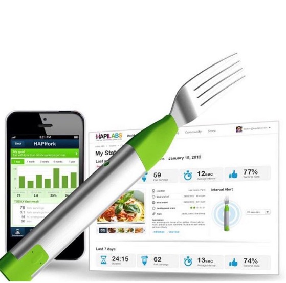 HAPIfork là loại  nĩa thông minh có thể khắc phục thói quen ăn uống của bạn và giảm cân. Khi bạn ăn quá nhanh, cái nĩa rung lên và sáng lên. Loại dĩa này được kết nối bằng USB với máy tính