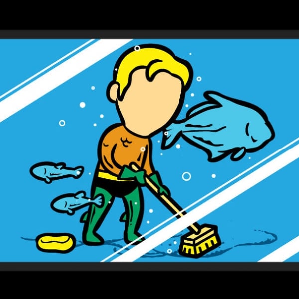   Siêu anh hùng Aqua man rất hợp với nghề dọn dẹp bể cá nhờ khả năng thở được dưới nước.  
