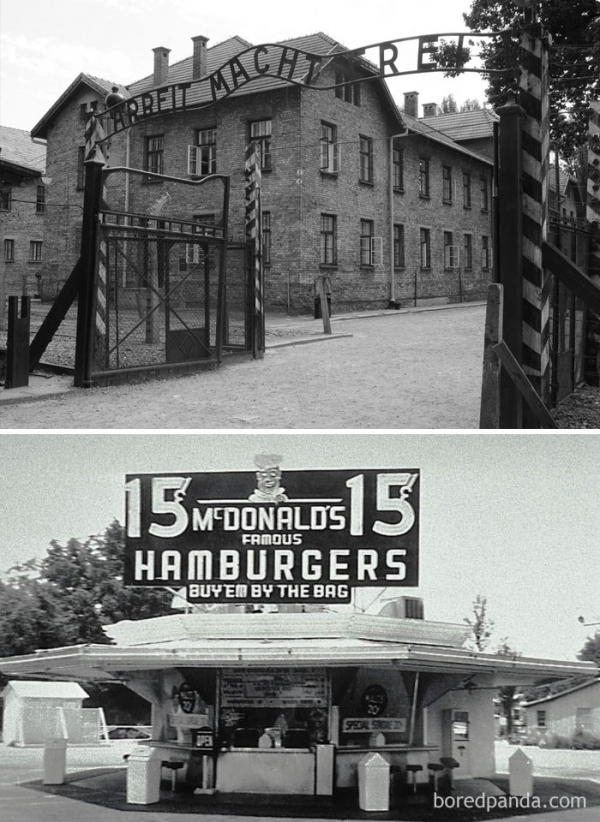   Trong khi McDonald's có truyền thống gắn liền với thời gian tốt đẹp và thịnh vượng của nước Mỹ năm 1950, nhà hàng đầu tiên được khai trương sớm hơn vào ngày 15 tháng 5 năm 1940. Chỉ 5 ngày sau đó, các tù nhân đầu tiên đến trại tập trung Auschwitz ở Ba Lan  