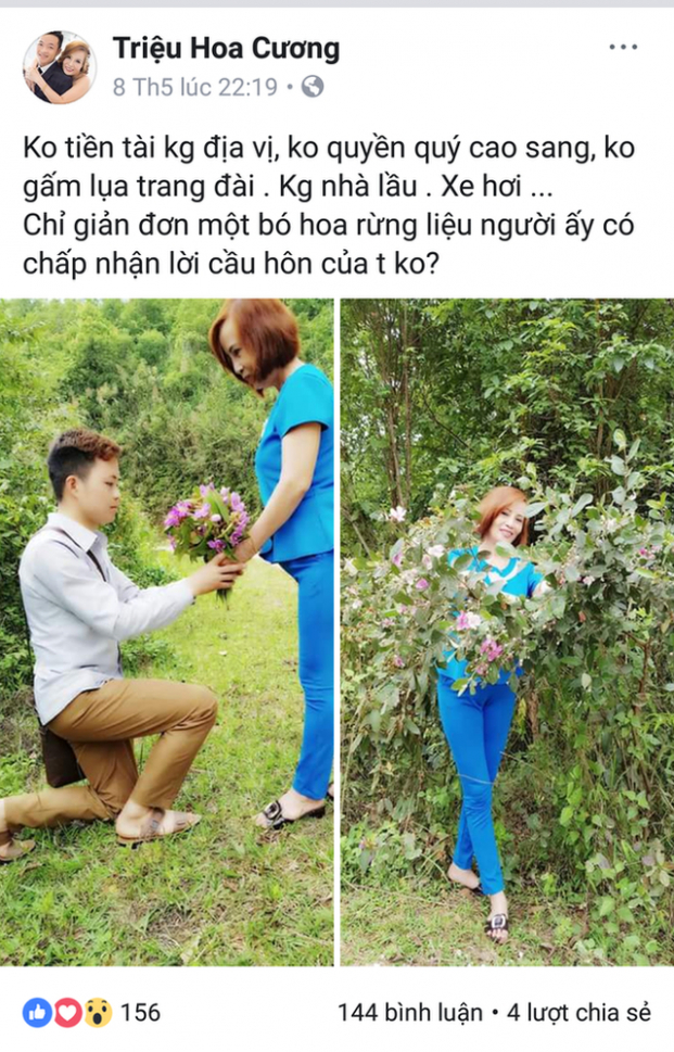   Trước đó, trên mạng xã hội chú rể Triệu Hoa Cương đã đăng ảnh quỳ gối tặng hoa để bày tỏ tình cảm của mình với chị Sao  