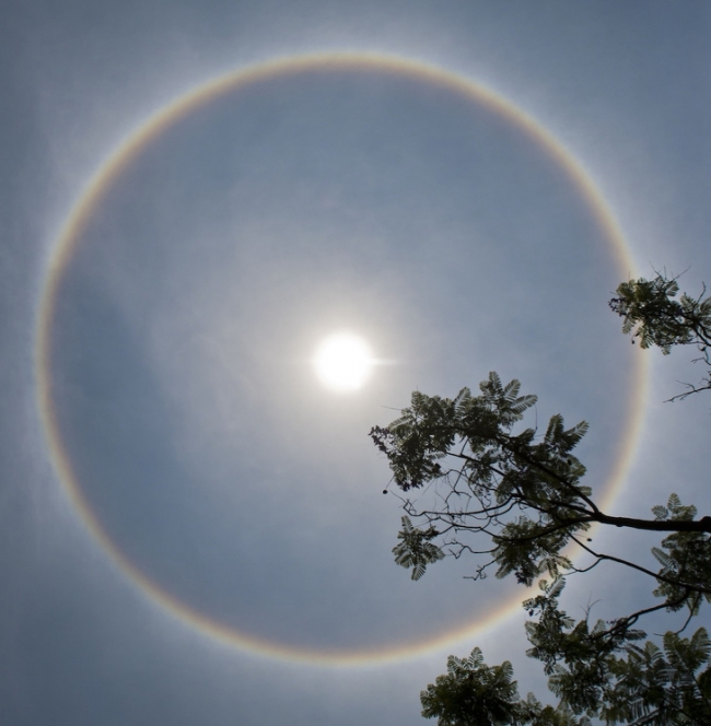 Một vầng hào quang là một vòng phát sáng xuất hiện gần Mặt trời, Mặt trăng, hoặc thậm chí cả đèn đường. Hiện tượng này được tạo ra bởi ánh sáng mặt trời tương tác với các tinh thể băng lơ lửng trong không khí (ở độ cao 3-6 dặm.) Ánh sáng được phản xạ và khúc xạ bởi các tinh thể băng và có thể chia thành các màu vì phân tán. Có rất nhiều loại halos giống như vòng tròn và vòng cung - bạn có thể nhìn thấy hiện tượng này vào một ngày mùa đông sáng và lạnh.