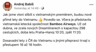 Thủ tướng Séc ủng hộ đường bay Hà Nội - Praha của Bamboo Airways trên Facebook cá nhân