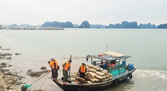 Vân Đồn tổ chức thu gom phao xốp trôi nổi trên vịnh Bái Tử Long
