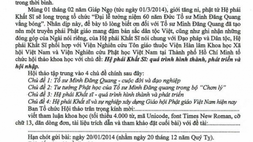 Thư mời viết bài hội thảo về Tổ sư Minh Đăng Quang