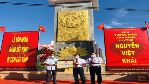Khu Tưởng niệm Anh hùng Lực lượng vũ trang Nhân dân Nguyễn Việt Khái nhận bằng xếp hạng di tích lịch sử cấp tỉnh