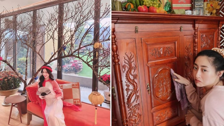 Hoa hậu, Á hậu ngày 30 Tết: Đặng Thu Thảo thảnh thơi diện áo dài chụp ảnh; Lương Thùy Linh dọn nhà phụ bố mẹ