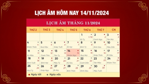 Lịch âm 14/11, xem âm lịch hôm nay Thứ 5 ngày 14/11/2024 đầy đủ nhất