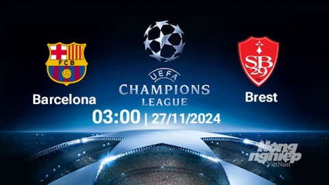 Nhận định, trực tiếp Barcelona vs Brest, Cúp C1 Châu Âu, 03h00 ngày 27/11/2024