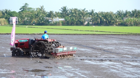 Trình diễn máy sạ cụm bón phân vùi 16 hàng