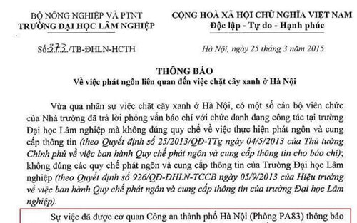 Công an Hà Nội không can thiệp phát ngôn của trường Đại học Lâm nghiệp