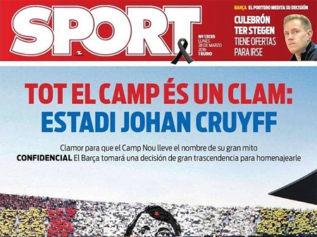 Barca có thể đổi tên sân Nou Camp để tri ân Johan Cruyff