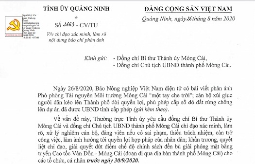 Tỉnh Quảng Ninh chỉ đạo kiểm tra ngay vụ Phó phòng Tài nguyên Móng Cái