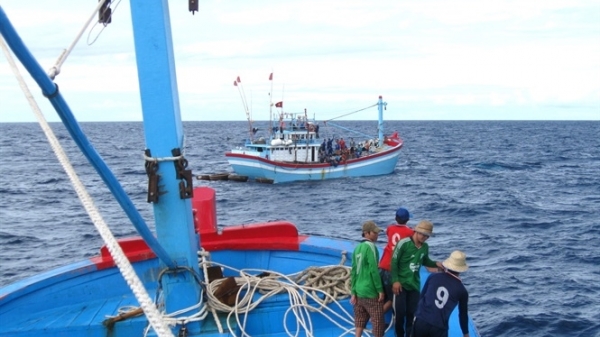 Tàu cá cùng 13 ngư dân Bình Định bị mắc cạn đang chờ cứu hộ