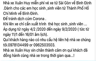 Nhiều nhà xe ở Bình Định miễn phí cho sinh viên về quê tránh dịch