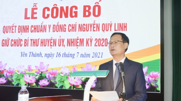 Ông Nguyễn Quý Linh làm Bí thư Huyện ủy Yên Thành