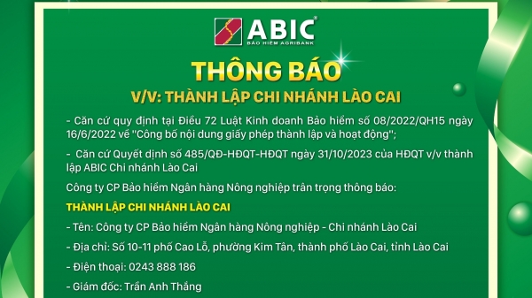 Thành lập chi nhánh Bảo hiểm Agribank tại Lào Cai