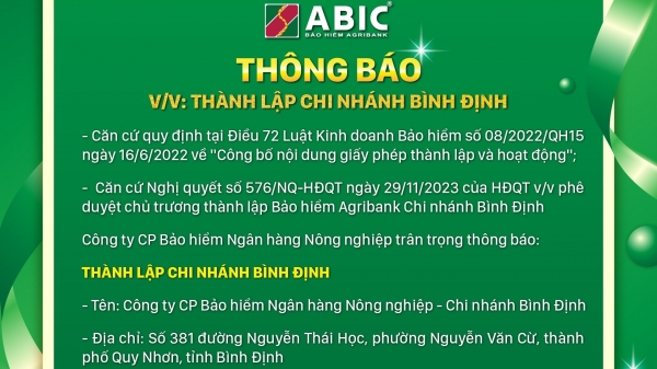 Bảo hiểm Agribank thành lập chi nhánh Bình Định