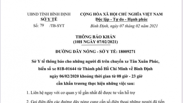 Bình Định đề nghị hành khách đi xe Tân Xuân Phúc liên hệ ngành y tế