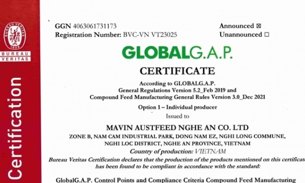 Mavin Austfeed Nghệ An đạt chứng nhận Global GAP