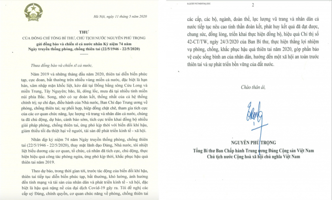 Thư của Tổng Bí thư, Chủ tịch nước Nguyễn Phú Trọng gửi đồng bào và chiến sĩ cả nước nhân kỷ niệm 74 năm ngày truyền thống phòng, chống thiên tai.