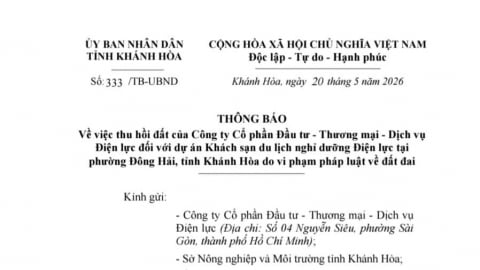 Khánh Hòa thu hồi đất dự án Khách sạn du lịch nghỉ dưỡng Điện lực
