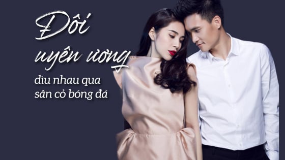 Đôi uyên ương dìu nhau qua sân cỏ bóng đá