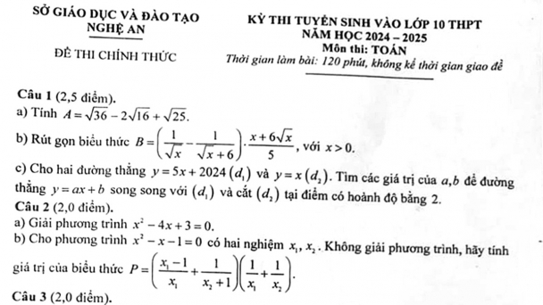 Đề thi, gợi ý đáp án môn Toán vào lớp 10 tại Nghệ An năm 2024