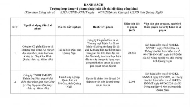 Quảng Ngãi công khai 2 trường hợp vi phạm đất đai
