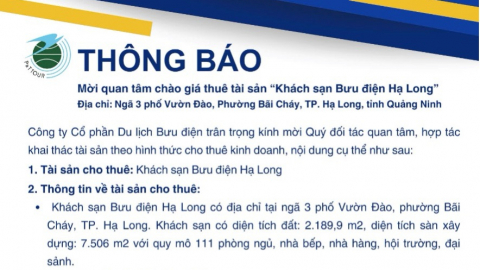 Công ty Cổ phần Du lịch Bưu điện mời chào giá thuê Khách sạn Bưu điện Hạ Long