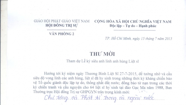 Tp.HCM: Ngày 22/07/2015, Đại lễ Cầu siêu Anh linh Anh hùng liệt sĩ