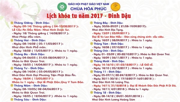 Hà Nội: Chùa Hòa Phúc thông báo lịch các khóa tu năm 2017