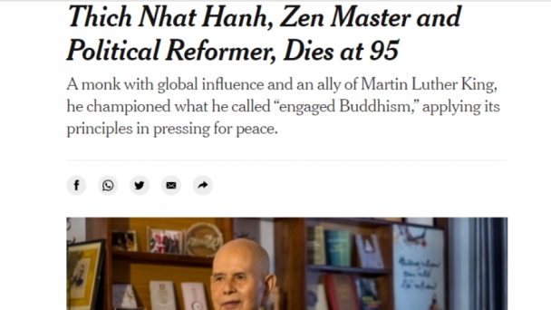 The New York Times viết về thiền sư Thích Nhất Hạnh sau khi ngài qua đời