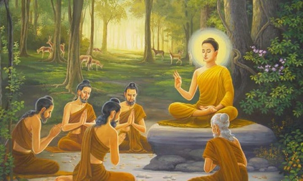 Đức Phật dạy pháp “Bụi trần” cho năm anh em ông Kiều Trần Như và bốn người bạn đồng tu