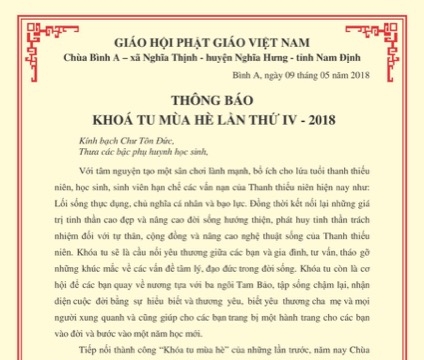 Nam Định: Thông báo Khoá tu mùa hè lần thứ IV 2018