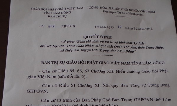 Lâm Đồng: Quyết định xử lý kỷ luật đối với ĐĐ.Thích Giác Nhàn