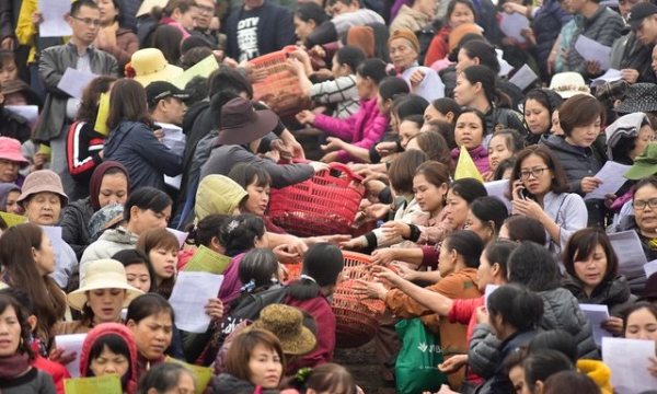 Hơn 10 tấn cá được 15.000 Phật tử chuyền tay phóng sinh ở Hà Nội