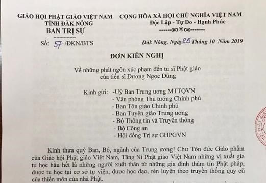 Thư kiến nghị của Phật giáo Đắk Nông về phát ngôn của TS Dương Ngọc Dũng đăng trên Zing.vn