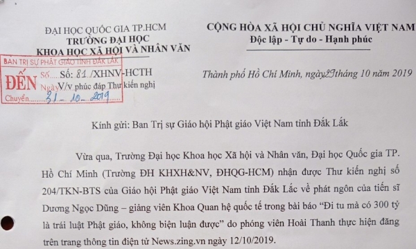 Trường ĐH KHXH&NV TP.HCM phúc đáp thư kiến nghị của Ban Trị sự GHPGVN tỉnh Đắk Lắk