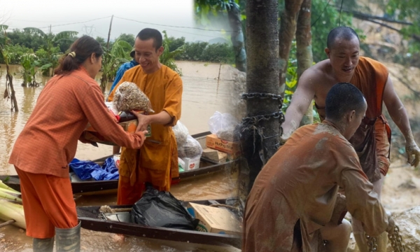 Chư Tăng chùa Huyền Không Sơn Thượng giúp đỡ người dân bị cô lập do mưa lũ