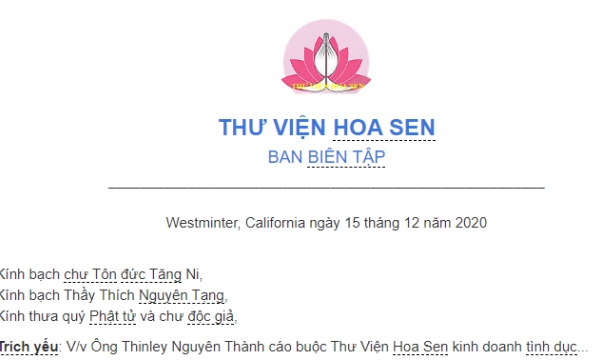 Ban biên tập Thư viện Hoa Sen bác cáo buộc của ông Thinley Nguyên Thành