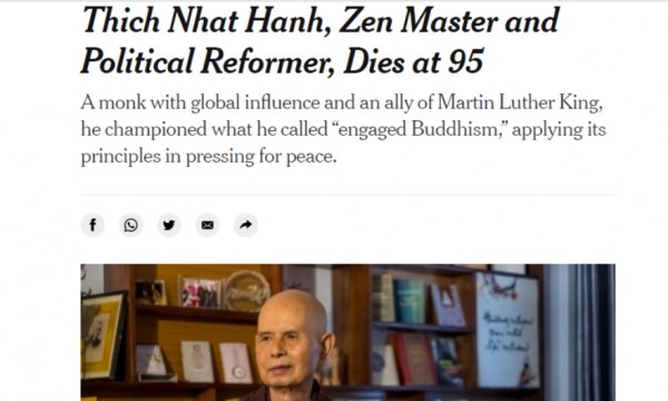 The New York Times viết về thiền sư Thích Nhất Hạnh sau khi ngài qua đời