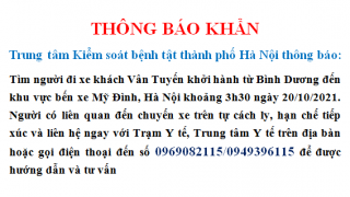 Hà Nội thông báo KHẨN tìm người đi trên chuyến xe từ Bình Dương về bến xe Mỹ Đình