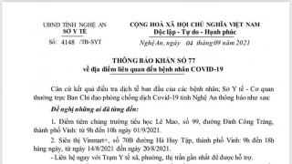 Sở Y tế Nghệ An ban hành thông báo KHẨN  về địa điểm liên quan đến bệnh nhân COVID-19