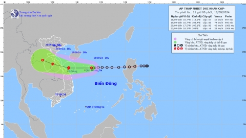 Áp thấp nhiệt đới cách quần đảo Hoàng Sa khoảng 180 km