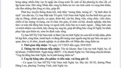 Ủy ban Mặt trận Tổ quốc Việt Nam tỉnh Nghệ An kêu gọi ủng hộ đồng bào bị thiệt hại do bão số 3 Wipha