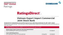 S&P Global Ratings giữ nguyên mức tín nhiệm quốc tế B+ và triển vọng ổn định với Eximbank